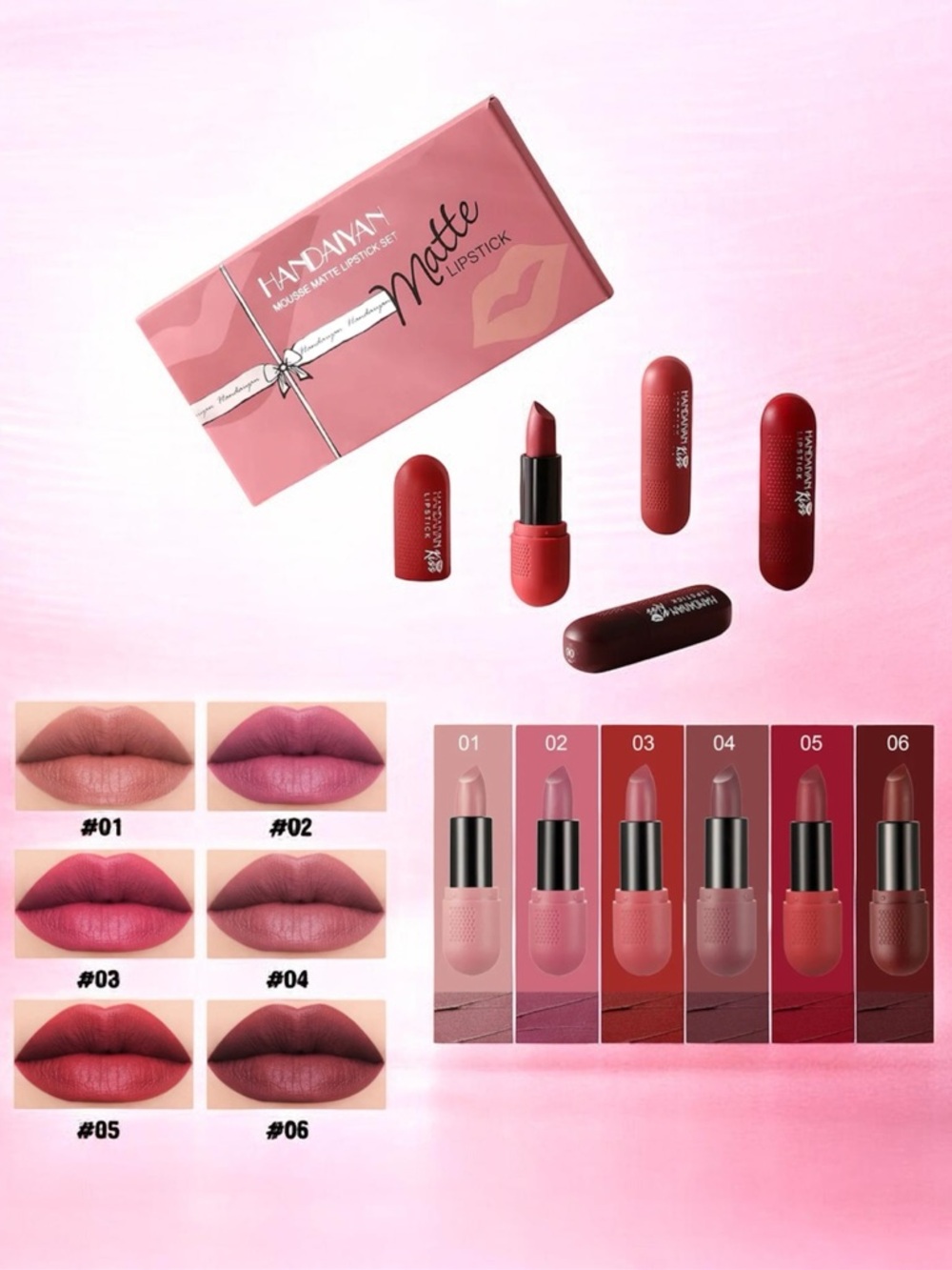 NEW! Factory Sealed Handaiyan Mousse Matte 6 Pc Lipstick Set